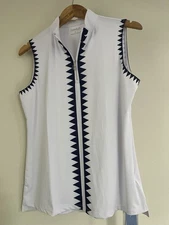 Cegolfs Active Top White Navy Blue Geometric sleeveless stretch polo Tank Golf S