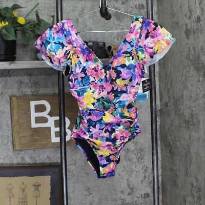 swim Solutions Garden Dreams Flutter-Sleeve One-Piece Swimsuit Navy Blue Multi 8