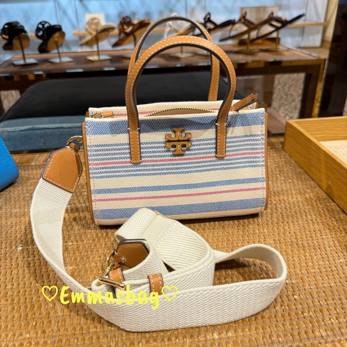 Tory Burch Blake Stripe Canvas Mini Tote 175965 $380 Multi/Walnut