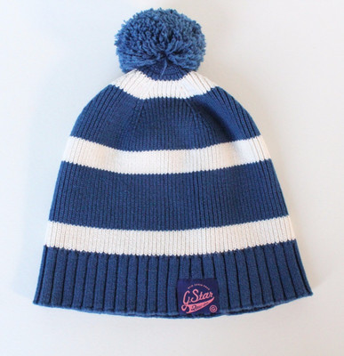 G Star RAW Men's SIMON Cotton Knit Beanie Hat, Pacific Blue/White BNWT
