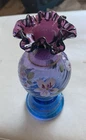 Fenton Art Glass hand painted Mulberry blue vase, signed