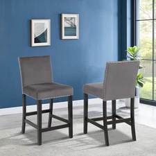 Contemporary Velvet Counter Stool with Nailhead Trim, Set of 2, Gray