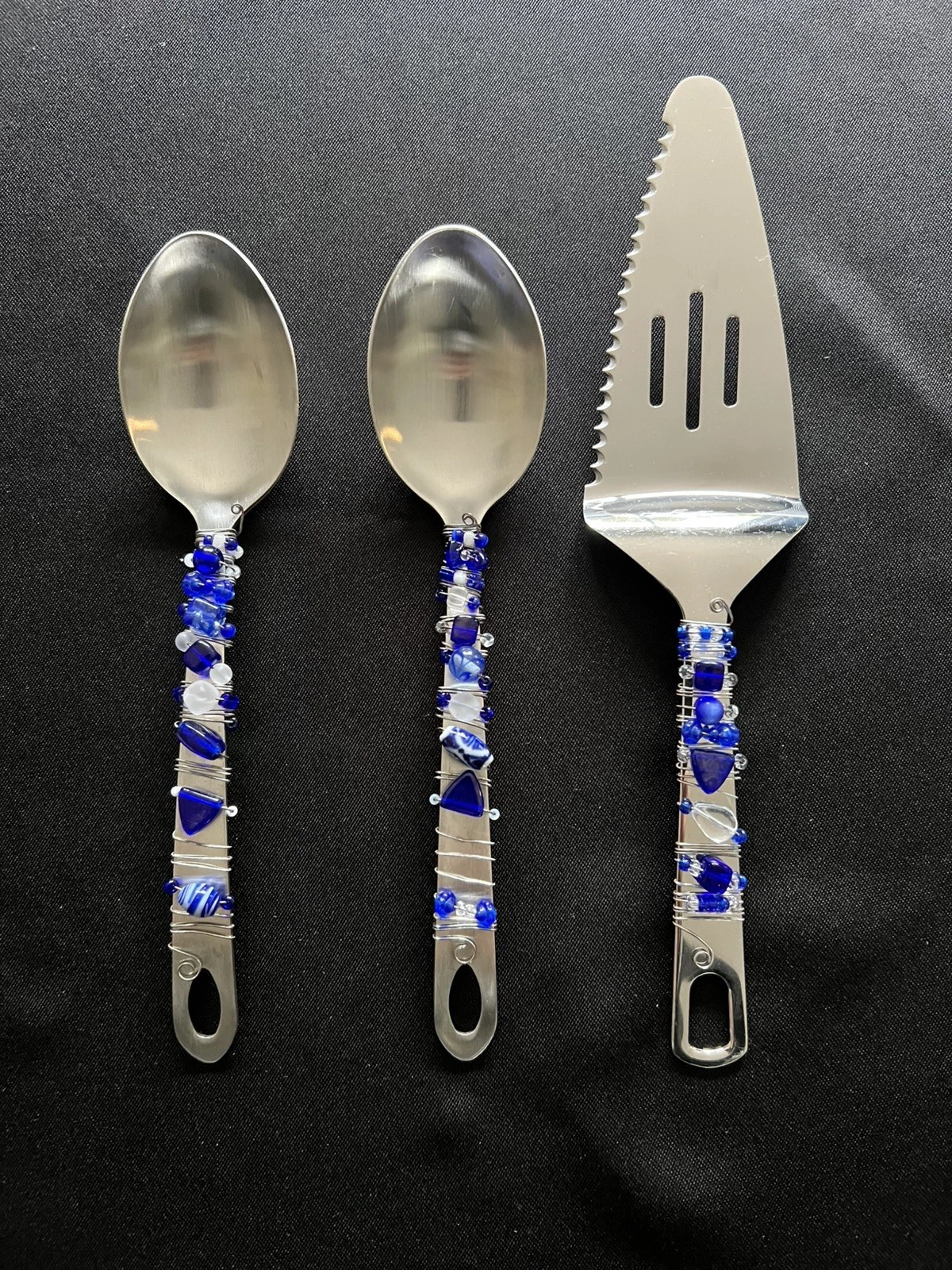 Fancy Serving Spoons (2) & Pie Slicer Utensils Bead Wire Wrapped