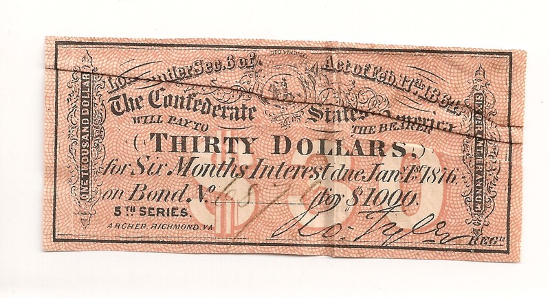 #A1446 $30 Confederate States America bond coupon CSA $1000. bond Civil War 1864
