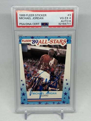 1989 FLEER STICKER #3 MICHAEL JORDAN PSA 4 AUTO 8 Chicago Bulls On Card Auto