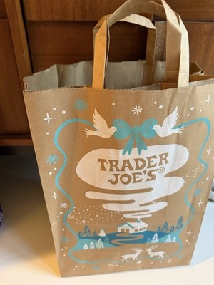 5 Trader Joe's Holiday Paper Grocery Bags Blue Dove Bells Bows Snowman 2025 New