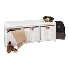 Kid's Toy Storage Bench with Woven Top and Three Collapsible Baskets - White