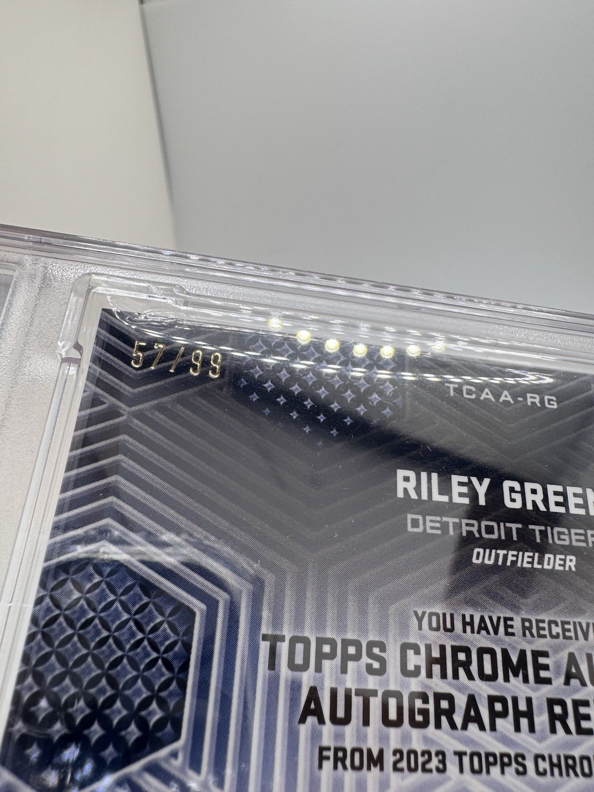 2023 Topps Chrome Riley Greene Rookie Patch On Card Auto /99 Game Worn PSA 9 view 3