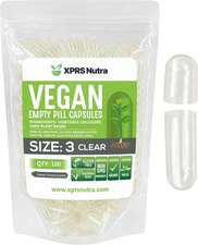 Size 3 Empty Vegan Capsules, 100 Count, Clear - DIY Veggie Pill Filling