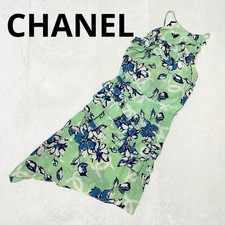 CHANEL Silk Floral Frill Dress Coco Mark Shell Button Green Size 36 SR2097