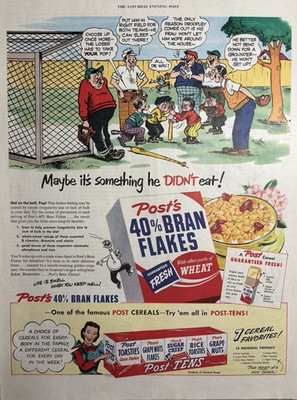 1950 Post Bran Flakes Breakfast Cereals Tens Wheat Cartoon Swell VTG Print Ad