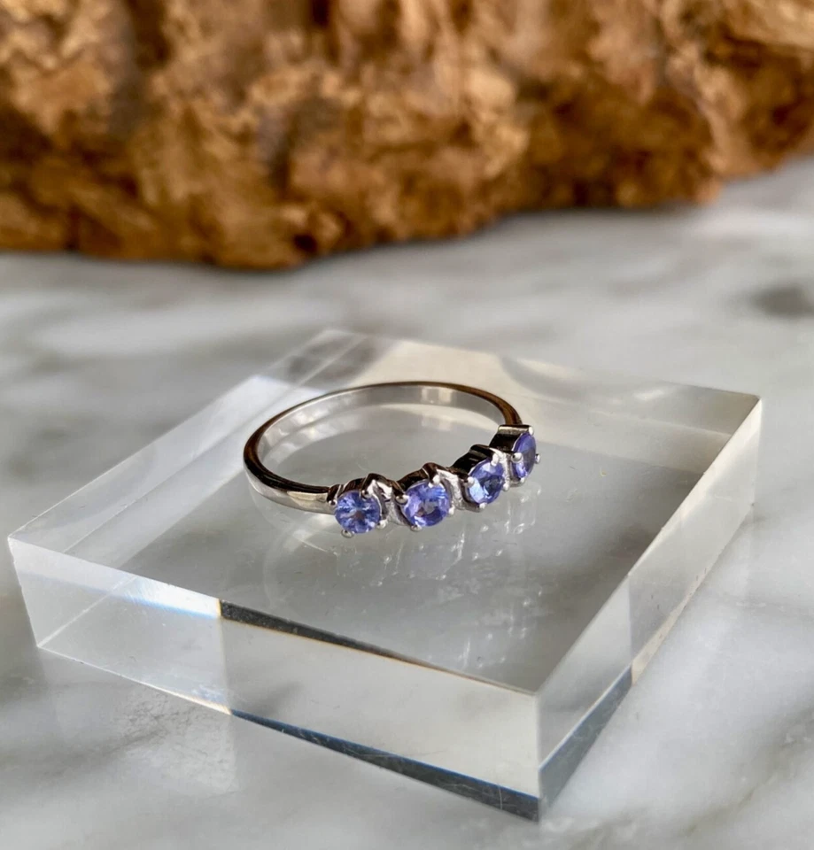 Anel fino sólido 950 platina quatro pedras com corte redondo azul simulado tanzanita - Imagem 2 de 4