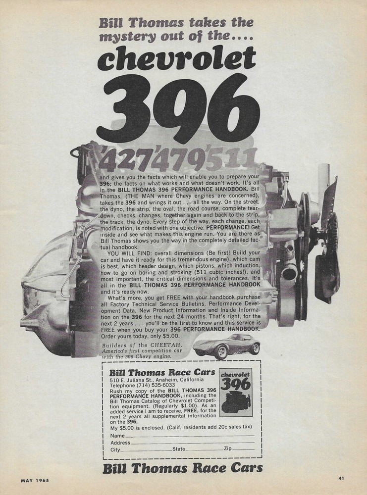 1965 Bill Thomas Race Cars Ad Chevy 396 427 Vintage Magazine Advertisement