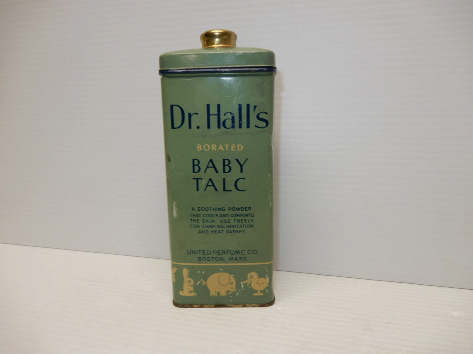 VINTAGE LARGE 8 INCH BABY TALC POWDER TIN DR HALLS