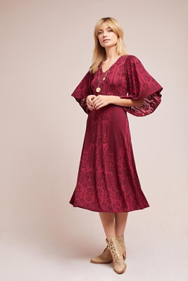 Anthropologie Isolde Bell-Sleeved Dress By Akemi+Kin, Raspberry, Size XS, NWT