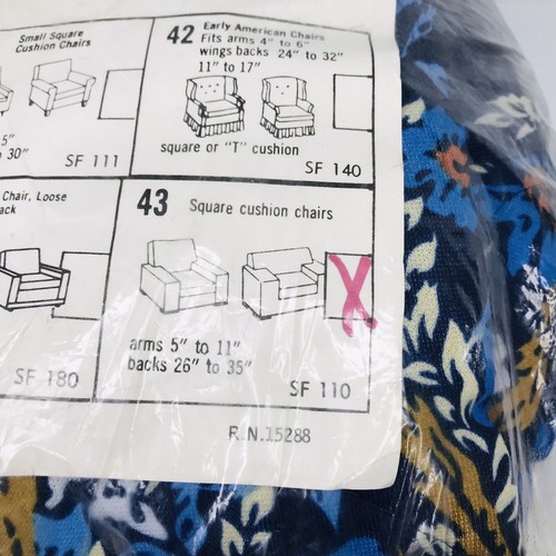 VTG 1970s Sure-Fit Washable Slip Cover Square Cushion Chairs Blue Flora USA Made - Picture 3 of 6