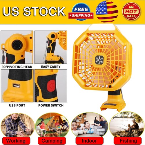 Portable Jobsite Fan For Dewalt 20V Li-ion Batteries – Cordless Camping Fan With Light, Yellow, 2025 Model