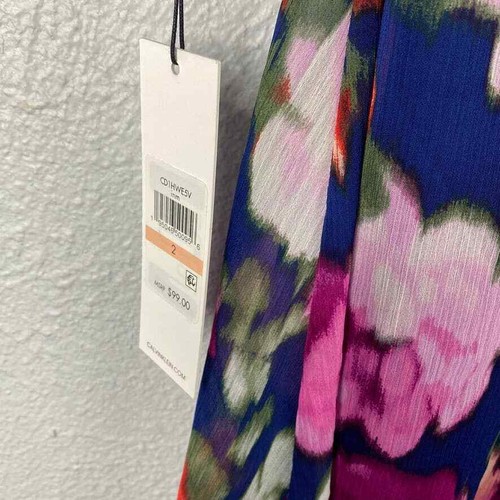 Vestido Calvin Klein Talla 2 Mujer Azul Marino Rosa Floral 3/4 Volantes Manga Campana Gasa - Imagen 7 de 10