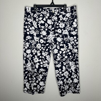Chaps Floral White and Navy Capri Pants 5 pocket design Sz 16