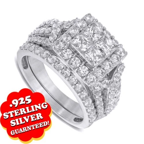 3Ct Round & Princess Cut Bridal Set Ring Simulated Diamond Sterling Silver 925