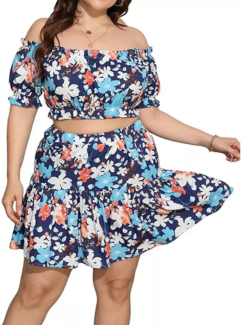 Plus size crop top and high waist 2025 skirt set