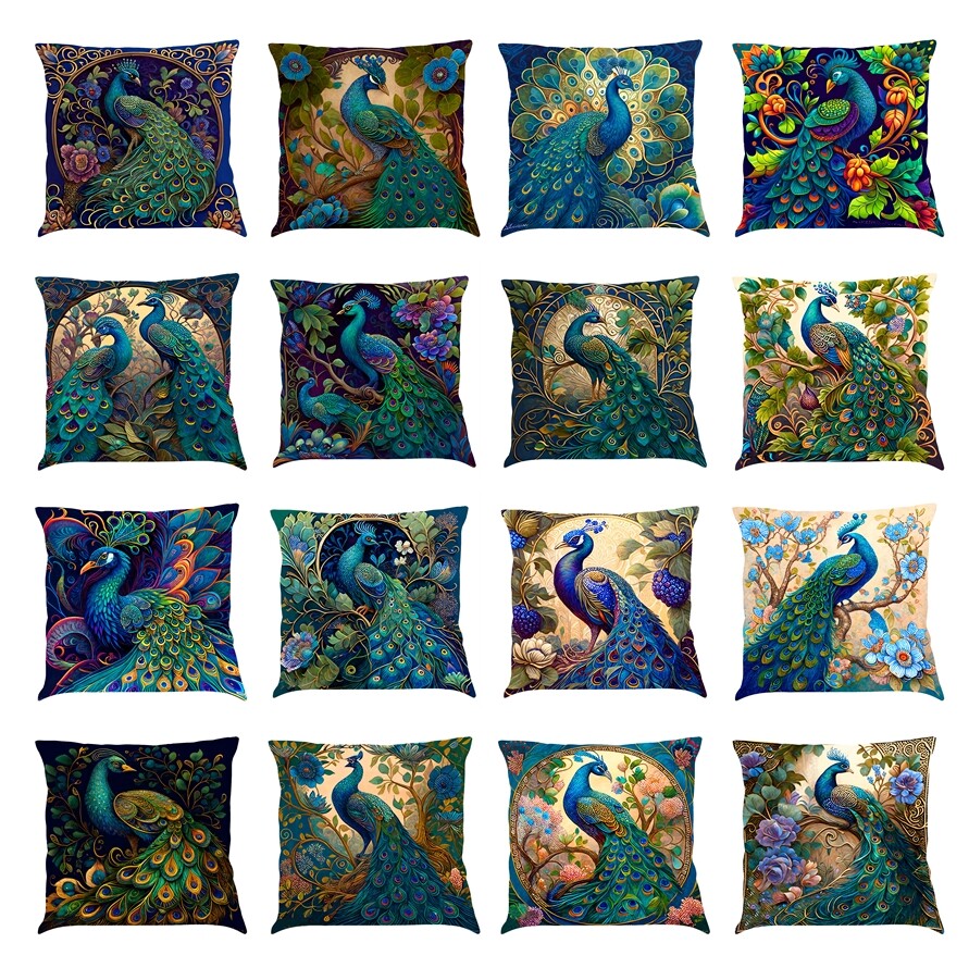 Vintage Turquoise Peacock with Flower Throw Pillow Case Blue Teal