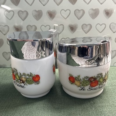 Vintage Gemco Creamer & Sugar Set Vegetable Motif Milk Glass w/ Silver Lids