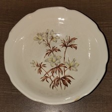 Ceramic Round Bowl Floral Pattern White Brown Yellow Pottery Glossy Finish