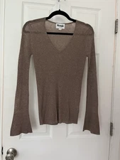Rouje Metallic Taupe Bell Sleeve V Neck Sexy Long Sleeve Top Size 38/ US Size 6