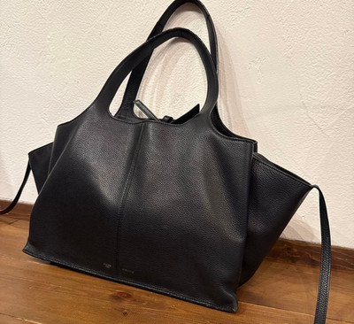 Auth CELINE Tri Fold Tote Bag Black Leather Large Handbag Shoulder Bag Used
