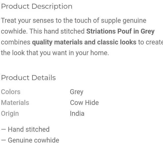 $590 Bashian STRIATIONS Genuine Grey COWHIDE 16" Cube Pouf Ottoman LKNU Cond - Image 4 of 4