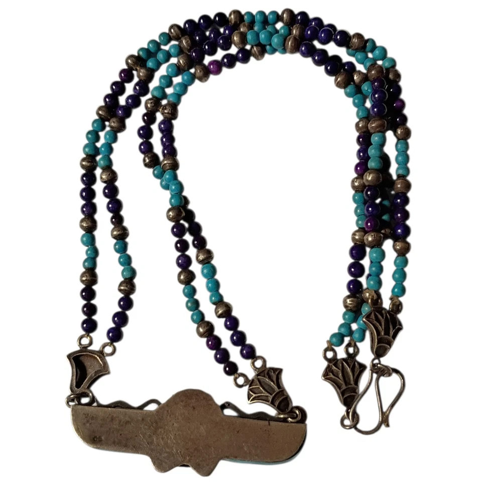 ART DECO EGYPTIAN REVIVAL SCARAB STERLING SILVER LAPIS Lotus Clasp NECKLACE - Image 3 of 4