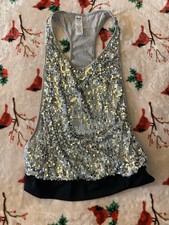 Balera Dance Top Adult Medium MA Silver Sequin Racer Back Black Waistband
