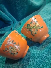 Pair of Vintage Chinese Coral Red Tea Cups - Hand Painted Gold Bamboo - Qianlong