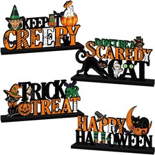 4Pcs Vintage Halloween Wooden Table Centerpieces Pumpkin Witch Ghost Cat Decor