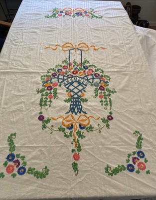 Art Deco Hand Embroidered Floral Basket Sear-sucker Cotton Coverlet Bedspread