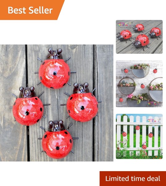 Lindo juego de arte de jardín de metal Ladybug de 4 piezas para patio y jardín