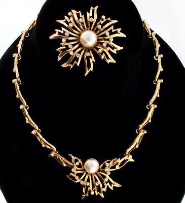 Vtg CHRISTIAN DIOR By Mitchell Maer Flower Pearl Rhinestone Necklace Pin  SET