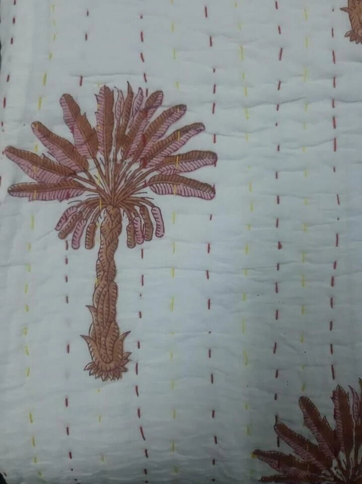 Nueva colcha Kantha de palmera hecha a mano manta con estampado de bloques indios Foto 2 de 3