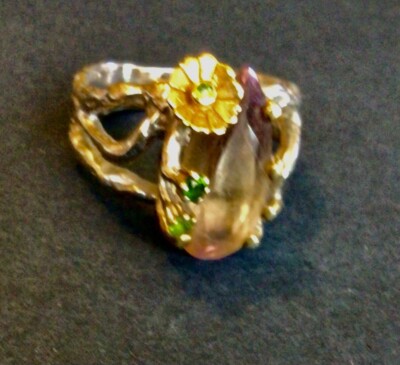Sterling Silver Artisan Crafted Ametrine And Emerald Ring With 18k Accents Sz 6