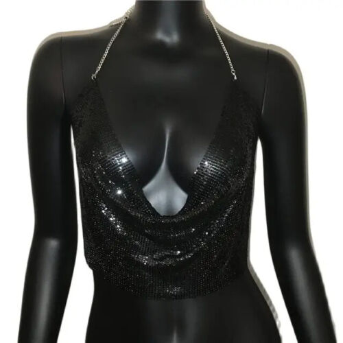 Metal Sequined Halter Women Sexy V Neck Backless Chain Plunge Tank Vest Crop Top - Picture 12 of 14