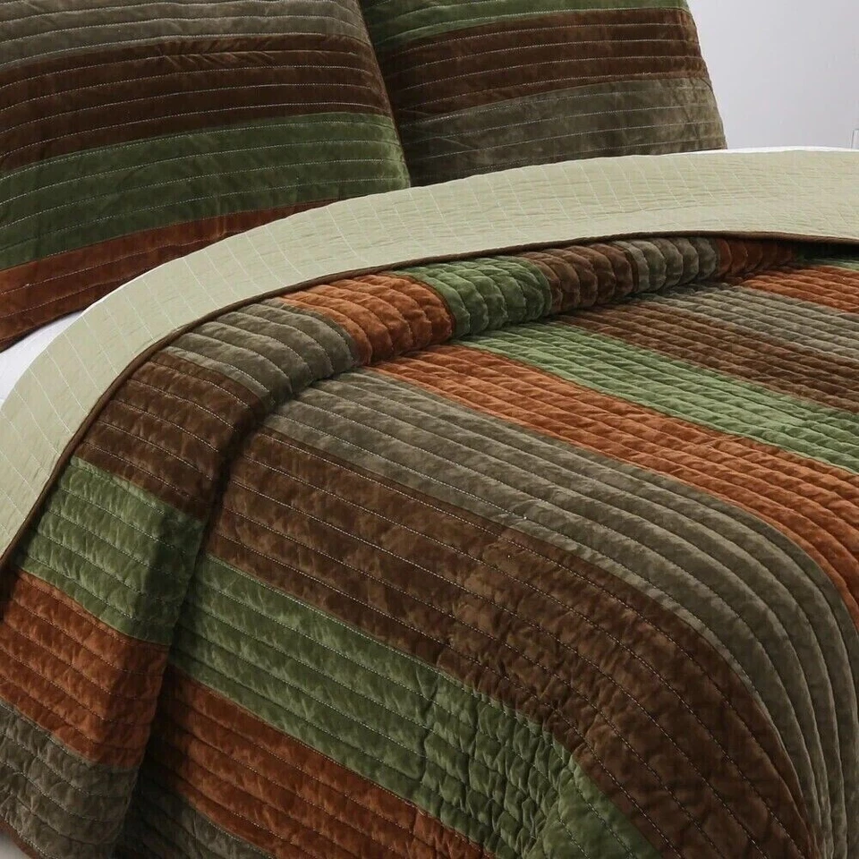 King Size Quilt Set Bedding Rustic Mountain Cabin Lodge Farm Brown Green 3Pc - Image 2 of 4