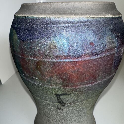 "Florero de cerámica artística a fuego Raku sin esmaltar negro verde azul iridiscente 8,25"" PRÍSTINO" - Imagen 9 de 14