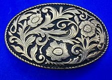 Flower Swirl Ornate Silver Black Color Western Cowboy Cowgirl Small Belt Buckle