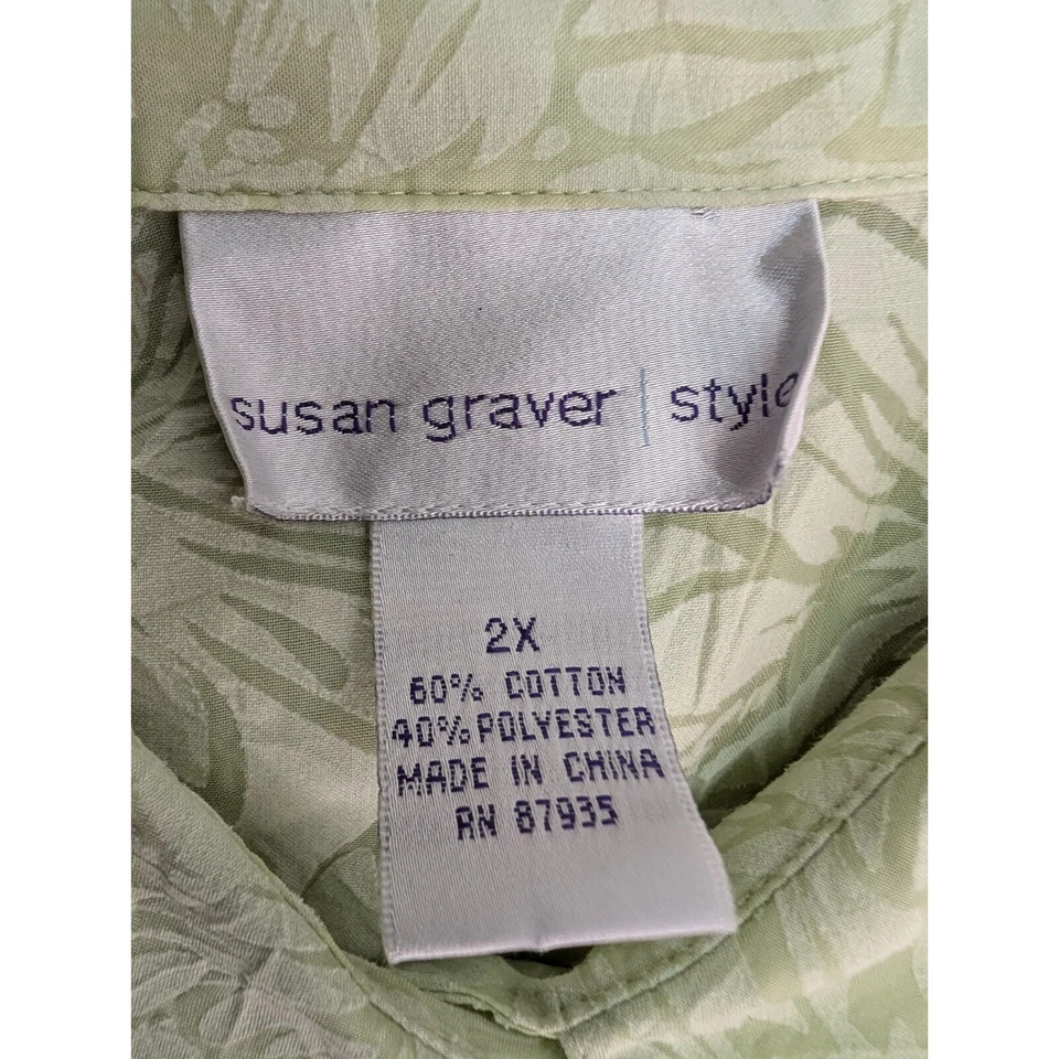 SUSAN GRAVER Button Up Long Sleeve Floral Top Pistachio Cotagecore Plus Size 2X Foto 2 de 4