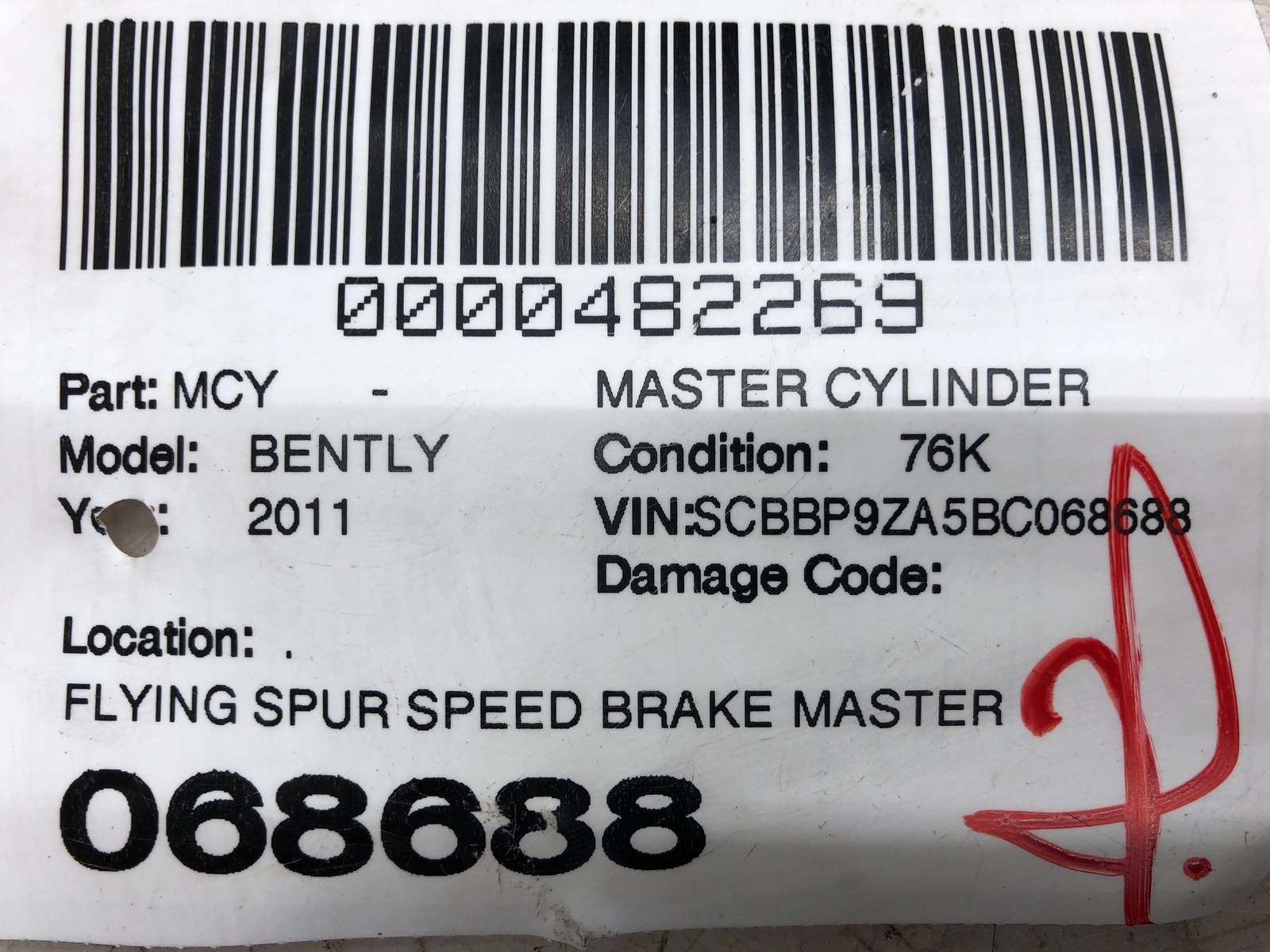 2006-2012 BENTLEY CONTINENTAL OEM BRAKE MASTER CYLINDER *76K MILES* 3D0611301B