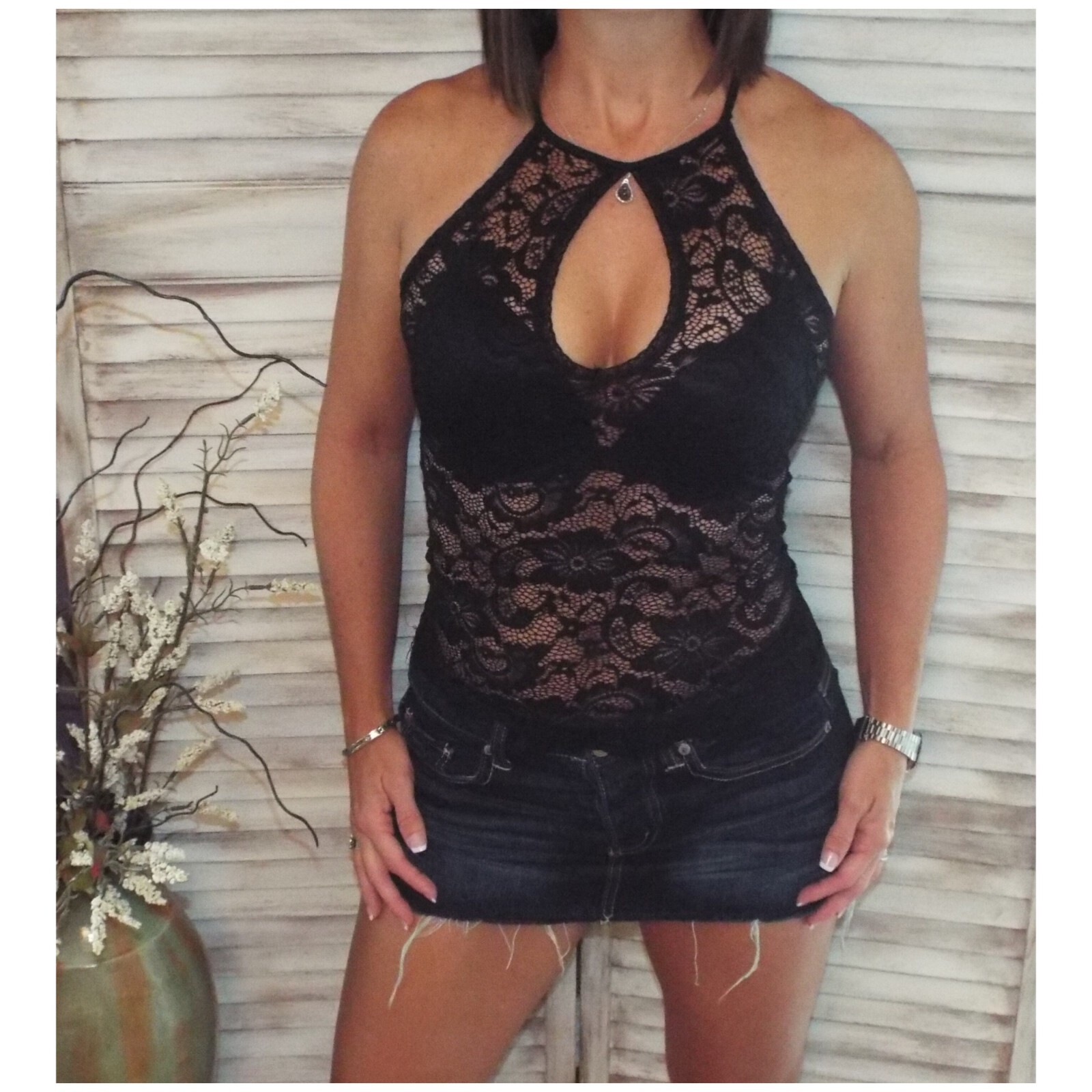 All Lace Sheer Top Small Black Keyhole Bust Clubwear Party Slimming Sexy Stretch
