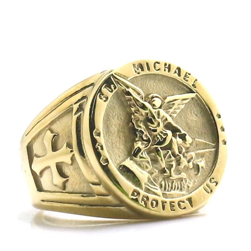 Saint Michael Ring Gold Color Cross Rings Mens Christian