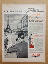 Nostalgic Original 1950's 1957 Print Ad Toro Lawn Mower Win a Trip to Paris