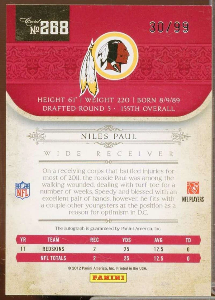Niles Paul AU Rookie Card 2011 Playoff National Treasures #268  - Image 2 of 2